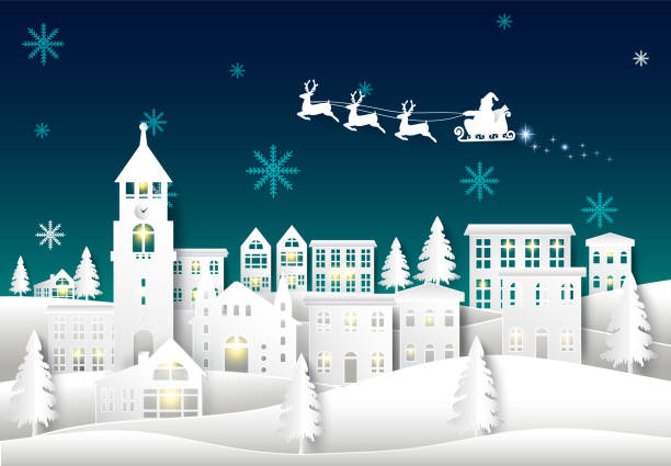 ilustrações de stock, clip art, desenhos animados e ícones de santa on night sky in city town paper art winter background. christmas season paper cut style illustration - christmas village urban scene winter