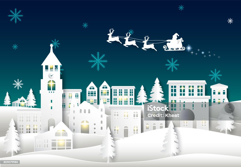 Santa on night sky in city town paper art Winter background. Christmas season paper cut style illustration Christmas stock vector