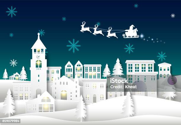 Santa On Night Sky In City Town Paper Art Winter Background Christmas Season Paper Cut Style Illustration Stock Illustration - Download Image Now