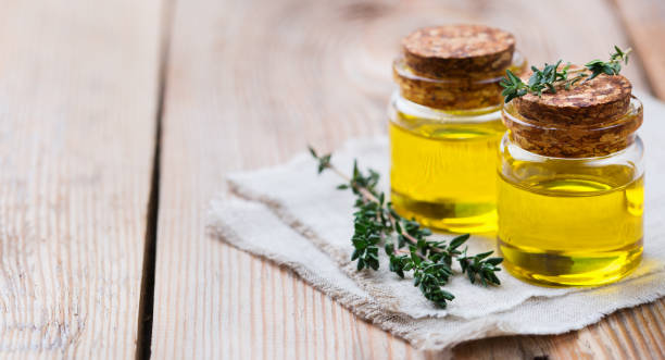 Organic essential thyme oil with green leaves