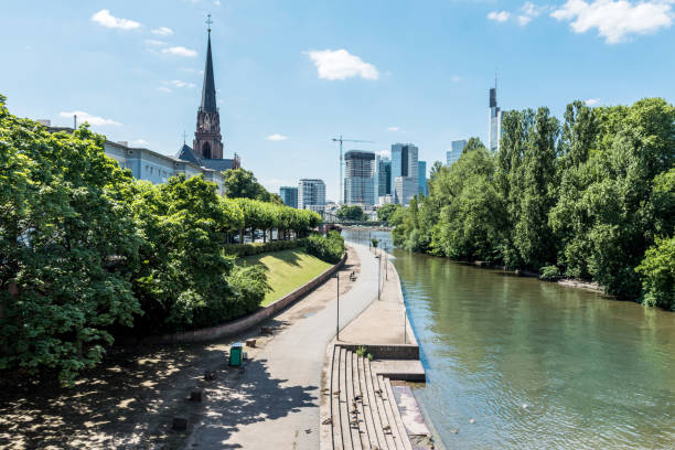 The Main river is visable in the foreground, the skyline of the city is visable in the background under blue sky with copy space
