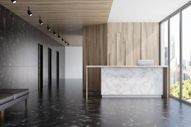 istock Marble reception in a light wood office 859084498