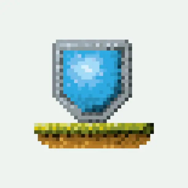 Vector illustration of color pixelated shield in meadow