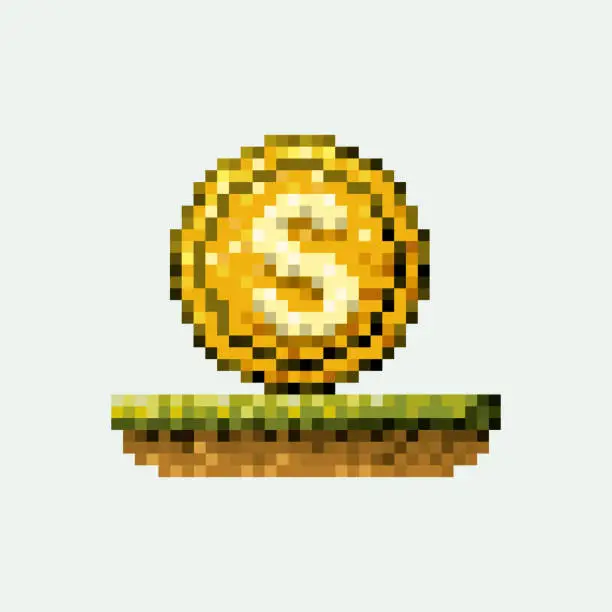 Vector illustration of color pixelated coin with symbol in meadow