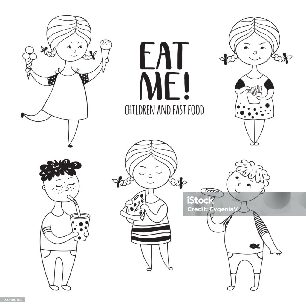 Black-and-white set boys and girls food. Black-and-white set boys and girls food. Fat kids hand-drawn in Doodle style. Sweets and fast food. Child stock vector