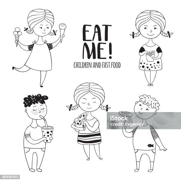 Blackandwhite Set Boys And Girls Food Stock Illustration - Download Image Now - Child, Eating, Sausage