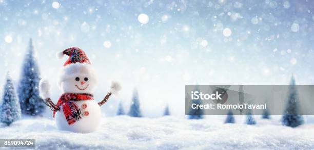 Snowman In Wintry Landscape Stock Photo - Download Image Now - Snowman, Christmas, Snow