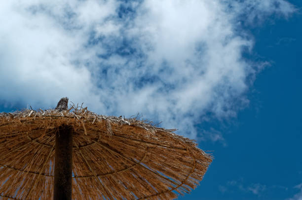 istock Straw parasol on the blue sky 859097142