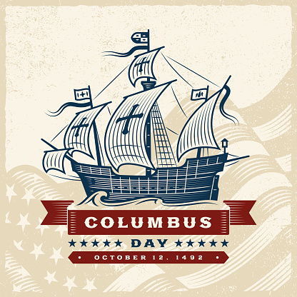 Vintage Columbus Day label in retro woodcut style. Editable vector illustration with clipping mask.