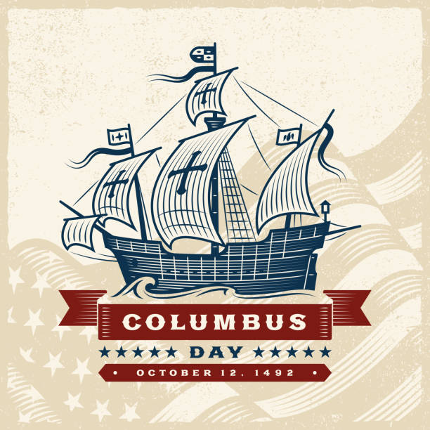 Vintage Columbus Day Label Vintage Columbus Day label in retro woodcut style. Editable vector illustration with clipping mask. replica santa maria ship stock illustrations