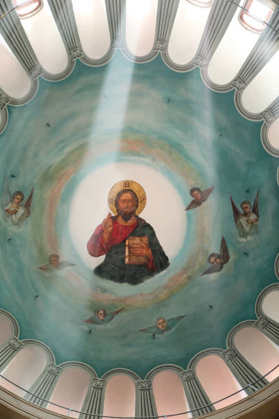 Jesus and the angels, church dome, light beam, Yenikoy Ayios Nikolaos Church, Istanbul in Turkey.
