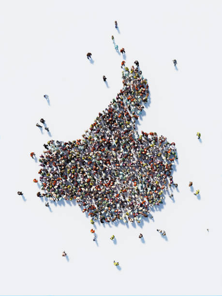 Human Crowd Forming A Big Thumbs Up Icon: Social Media and Crowdfunding Concept Human crowd forming a big thumbs up icon on white background. Vertical composition with copy space. Clipping path is included. Social Media and Crowdfunding Concept. crowdsourcing stock pictures, royalty-free photos & images