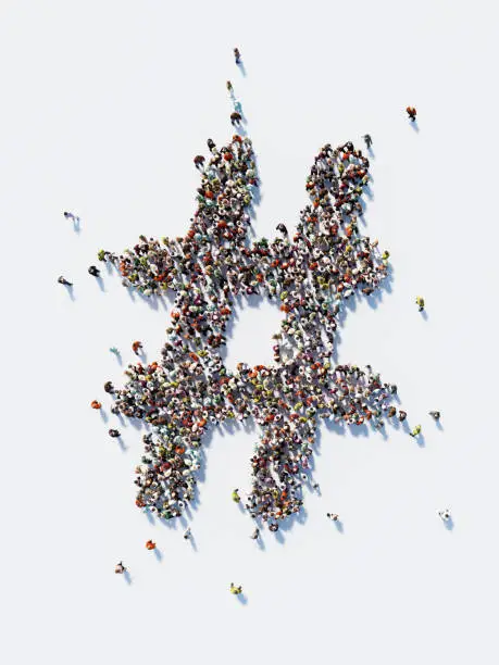 Human crowd forming a big hashtag symbol on white background. Vertical composition with copy space. Clipping path is included. Social Media Concept and Crowdfunding Concept