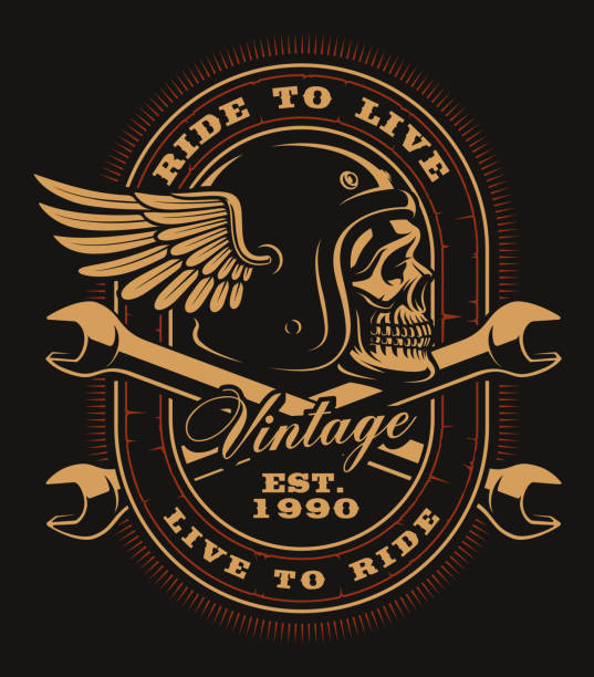 Vintage Biker skull with crossed wrenches Vintage Biker skull with crossed wrenches on dark background. All elements and text is on the separate layer. cafe racer stock illustrations