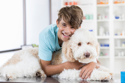 Happy Hispanic teenage boy takes his large dog to the vet for annual check up.