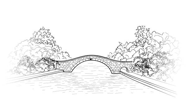 illustrations, cliparts, dessins animés et icônes de pont de vue sur le parc. ville jardin paysage.  gravure retro natu - bridge stone bridge vector arch bridge