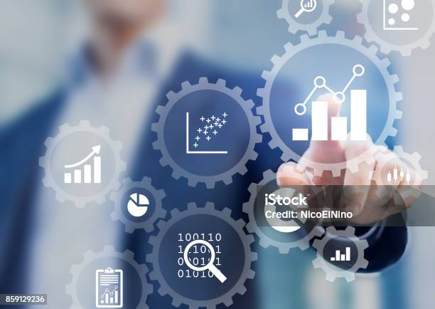 Business Data Analytics Process Management With Consultant Touching Connected Charts Stock Photo - Download Image Now
