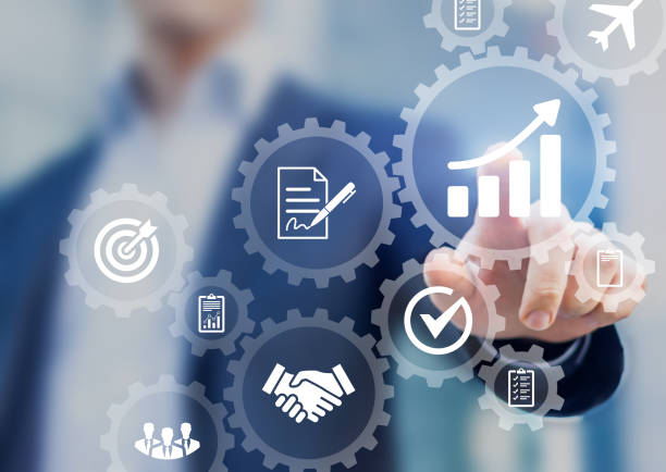 istock Business process management and automation concept, automated workflow, gears, businessman 859129286
