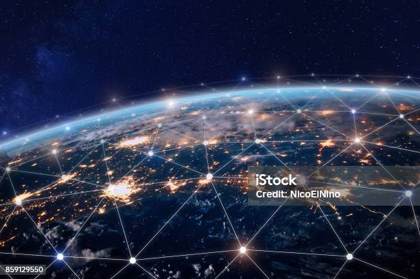 Globales Telekommunikationsnetz Knoten Verbunden Um Erde Internet Weltweite Kommunikation Stockfoto und mehr Bilder von Globus
