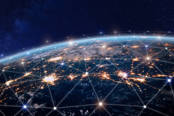 глобальная телекоммуникационная сеть, узлы, соединенные вокруг земли, интернет, всемирная связь - международный бизнес стоковые фото и изображения