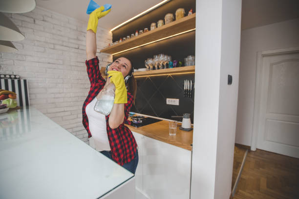 feliz mujer de la limpieza  - cleaning domestic kitchen counter top housework fotografías e imágenes de stock