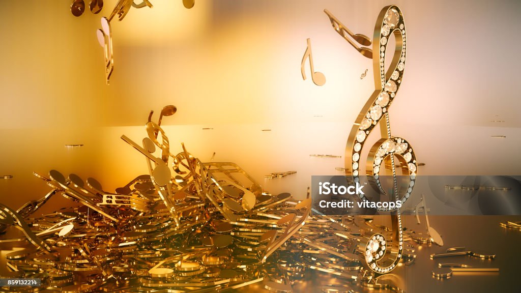 3D rendering of a musical treble clef and falling notes Composition of voluminous musical signs. 3D rendering of a musical treble clef and falling notes Abstract Stock Photo