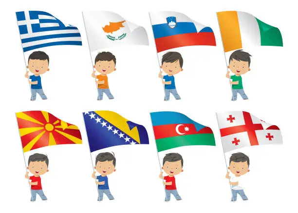 Vector illustration of world flags and kids