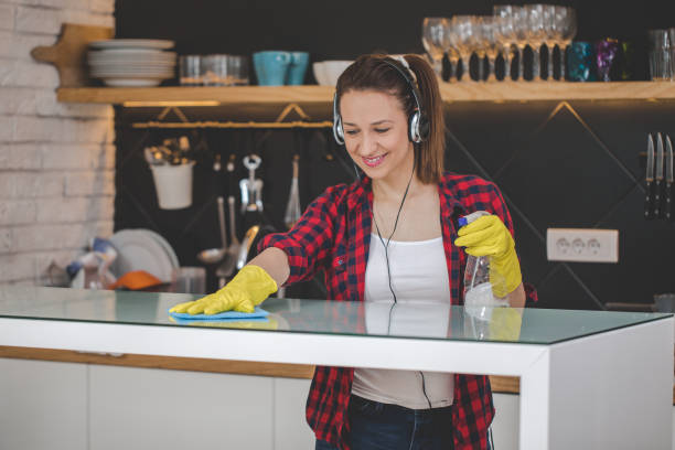 mujer de la limpieza - cleaning domestic kitchen counter top housework fotografías e imágenes de stock