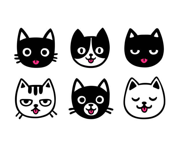 귀여운 만화 고양이 혀를 튀어나와 - 돌출된 일러스트 stock illustrations