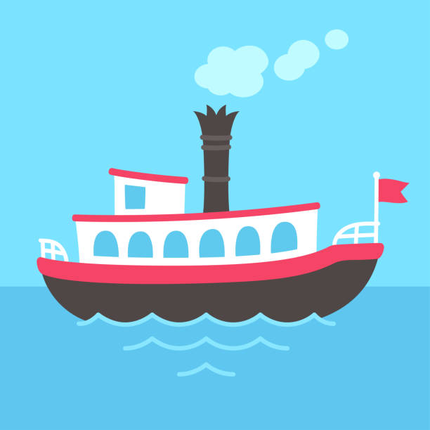 Cartoon steamboat ship Cute cartoon retro riverboat drawing. Classic American passenger ferry ship vector illustration. ferry passenger stock illustrations