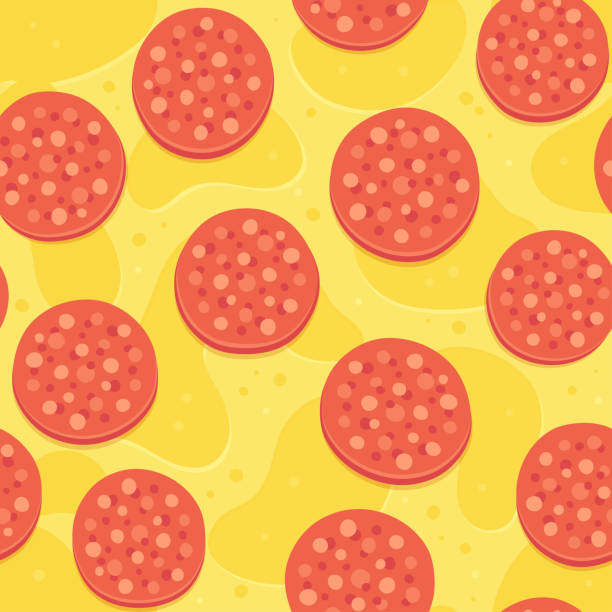 ilustraciones, imágenes clip art, dibujos animados e iconos de stock de patrón de pizza de pepperoni sin costura - pepperoni