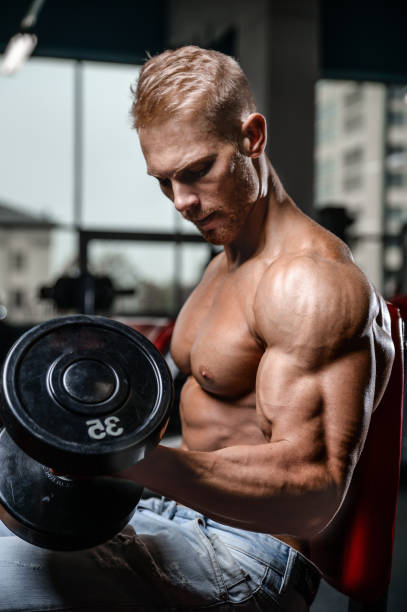 bell'uomo atletico di potenza durante l'allenamento dietetico pompando i muscoli - dumbbell weights weight training biceps femoris foto e immagini stock