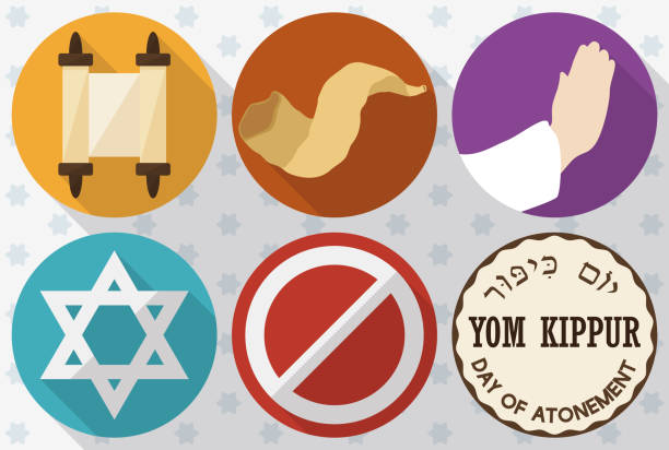 Icons to Celebrate Jewish Yom Kippur or Day of Atonement Banner in flat style and long shadow with colorful icons to celebrate Yom Kippur (or Day of Atonement, written in Hebrew): scrolls, shofar horn, hands praying, David's star, symbol of abstinence. yom kippur stock illustrations
