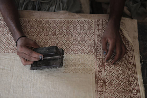 istock Manual printing of ajrak textile, Pakistan 859150264