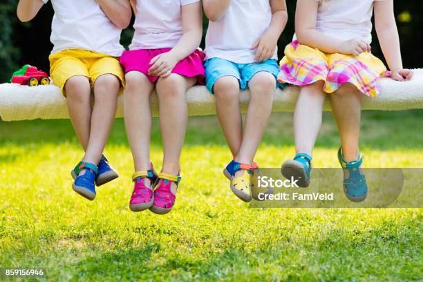 Kids With Colorful Shoes Children Footwear Stock Photo - Download Image Now - Child, Shoe, Summer