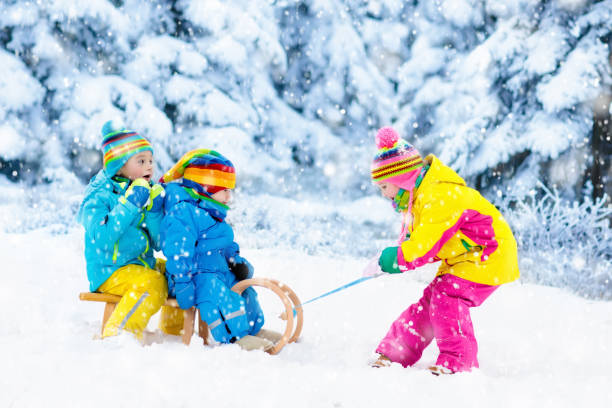 niños de paseo en trineo. niños trineo. diversión de la nieve de invierno. - 13576 fotografías e imágenes de stock