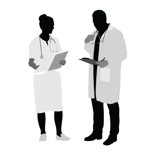 Check With The Doctor Doctor and nurse discussing a patient's condition nurse silhouettes stock illustrations