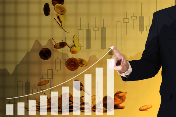 istock Double exposure businessman hand touching virtual panel of growth bar chart on financial graph chart and falling gold coins background. 859165074