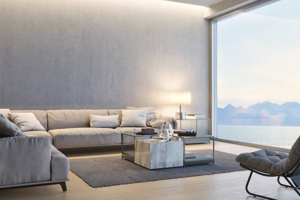 istock Modern Luxury Living Room With Ocean View At Sunset 859167776