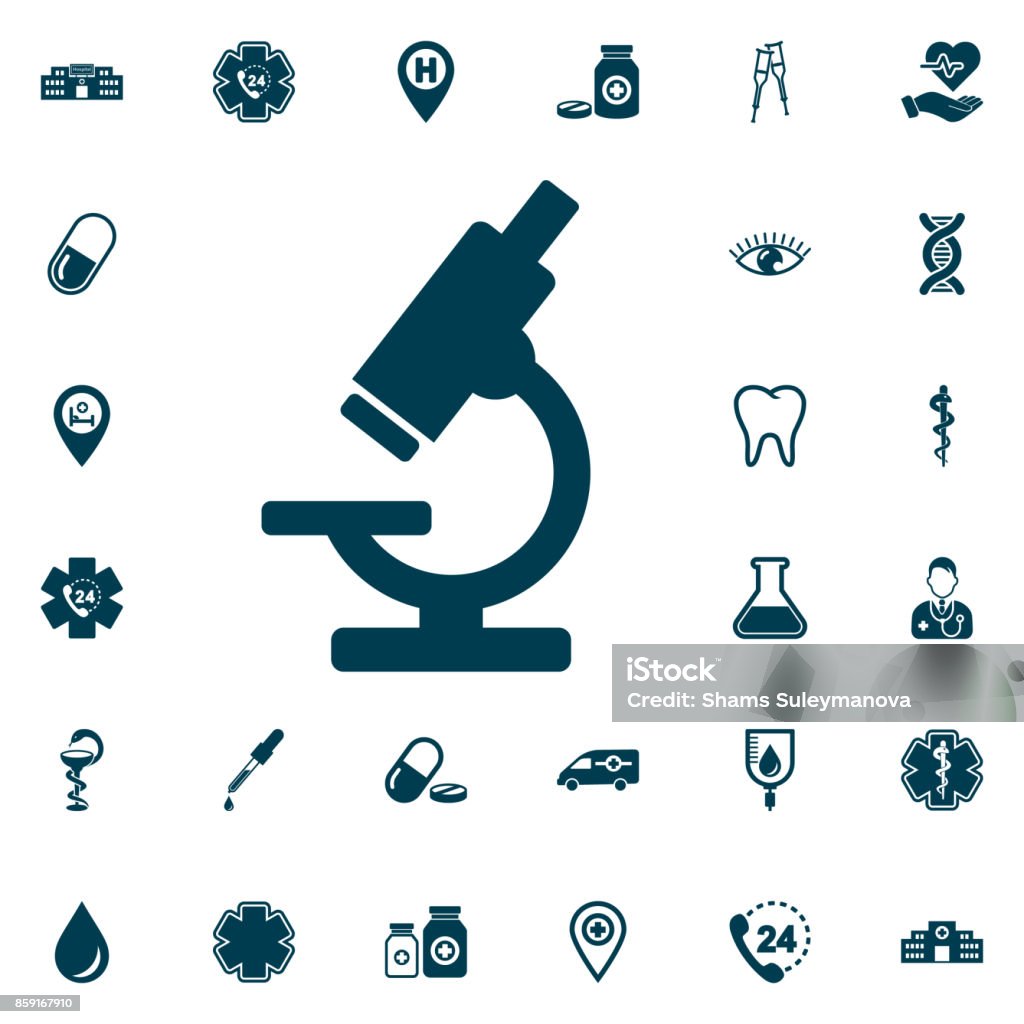 Microscopio icono, médico en fondo blanco. Ilustración de vector. Aislado - arte vectorial de Ícono libre de derechos