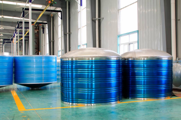 istock Blue stainless steel solar water heater in a production workshop 859180218
