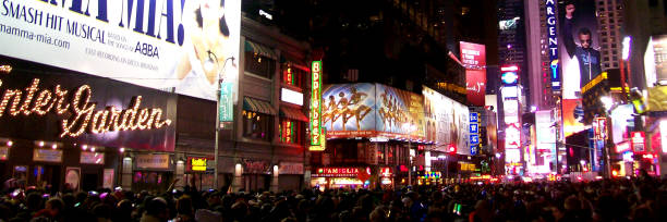 New York, United States - December 31, 2007: Fireworks and confetti display as the ball drops on New Year's eve in Time Square.