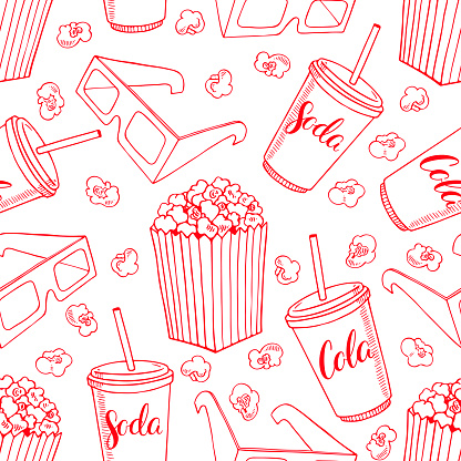 cute seamless background of popcorn, soda and 3d glasses. hand-drawn illustration
