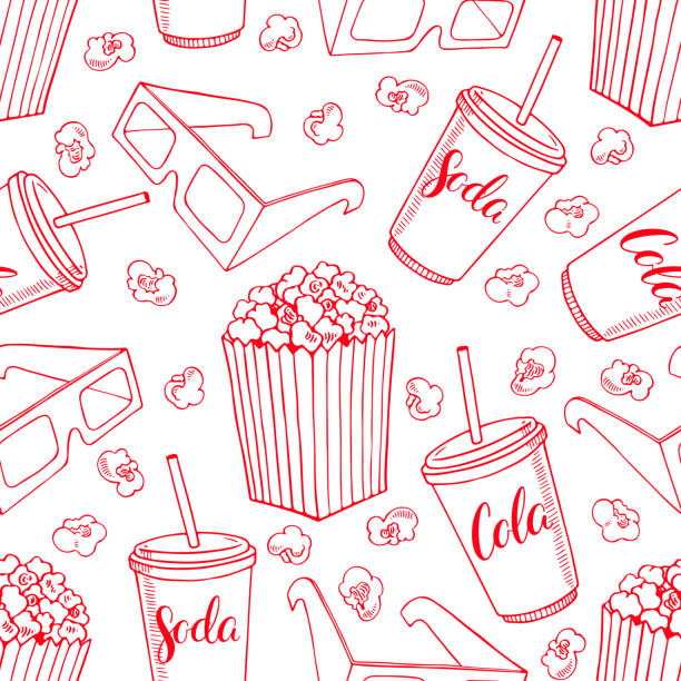seamless background of popcorn cute seamless background of popcorn, soda and 3d glasses. hand-drawn illustration movie patterns stock illustrations