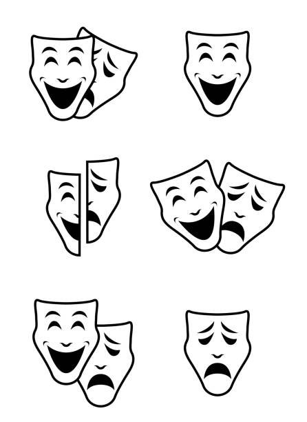 ilustraciones, imágenes clip art, dibujos animados e iconos de stock de símbolos de la máscara teatro vector concepto conjunto, triste y feliz - berlinale palast