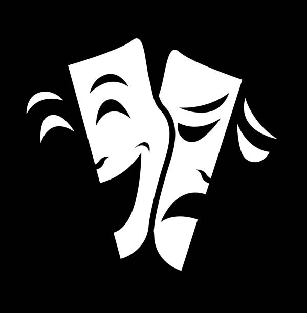 ilustraciones, imágenes clip art, dibujos animados e iconos de stock de símbolos de la máscara teatro vector concepto conjunto, triste y feliz - máscara de teatro