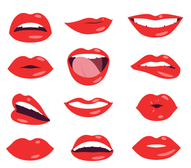 frau lippen gesichtsausdruck vektor-set - auf den mund küssen stock-grafiken, -clipart, -cartoons und -symbole