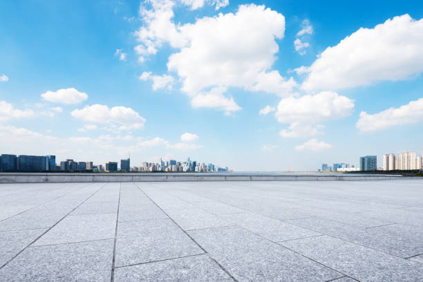 istock empty marble floor with cityscape of modern city 859207272