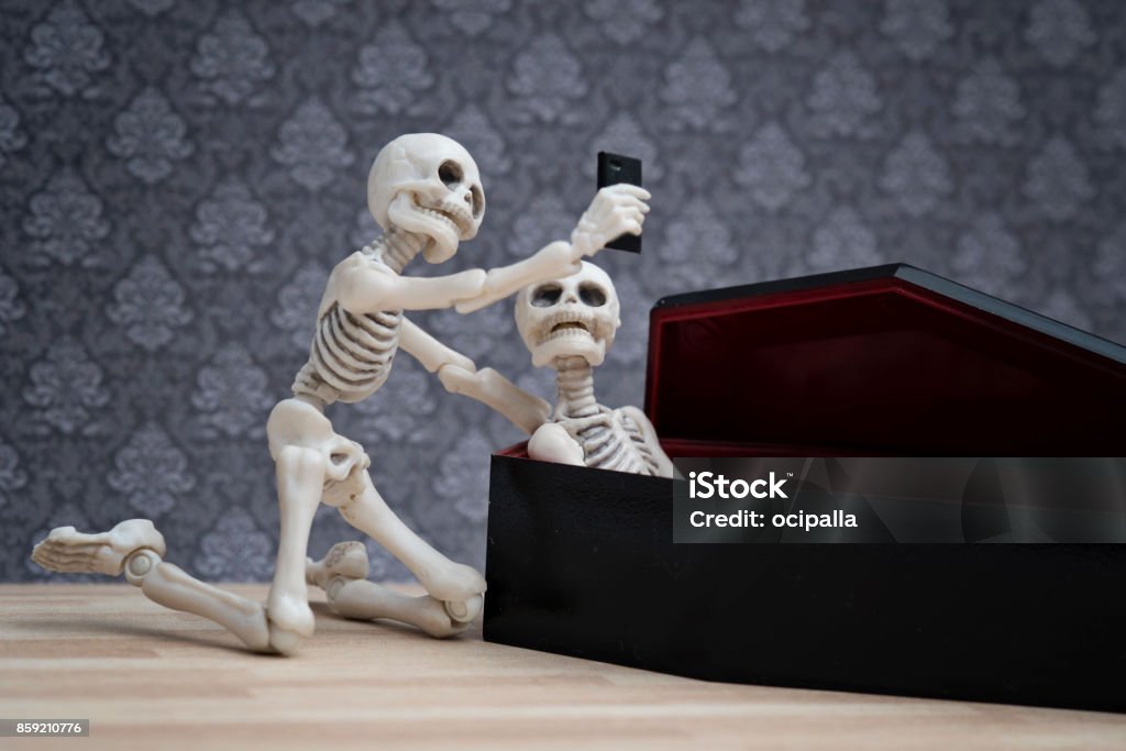 Selfie with a dead friend Selfie, skeleton self portrait with his dead friend in the coffin Halloween Stock Photo