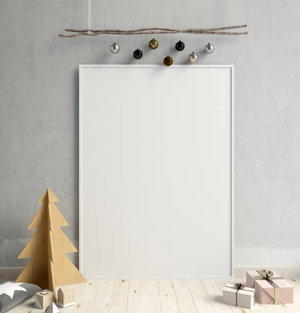 istock Modern minimalistic Christmas interior, Scandinavian style. 3D illustration. poster mock up 859223136